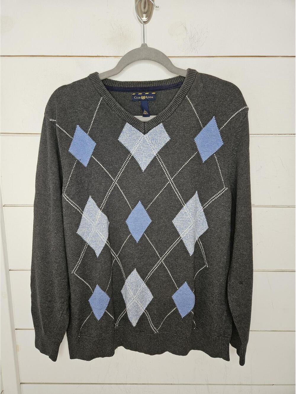 Charter Club large grey with blue argyle cotton v neck sweater
